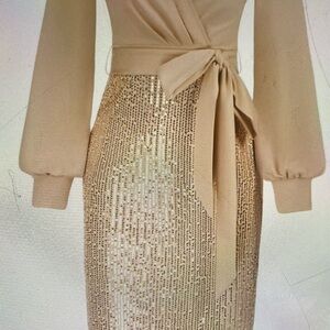 Elegant Gold Sequin Wrap Dress